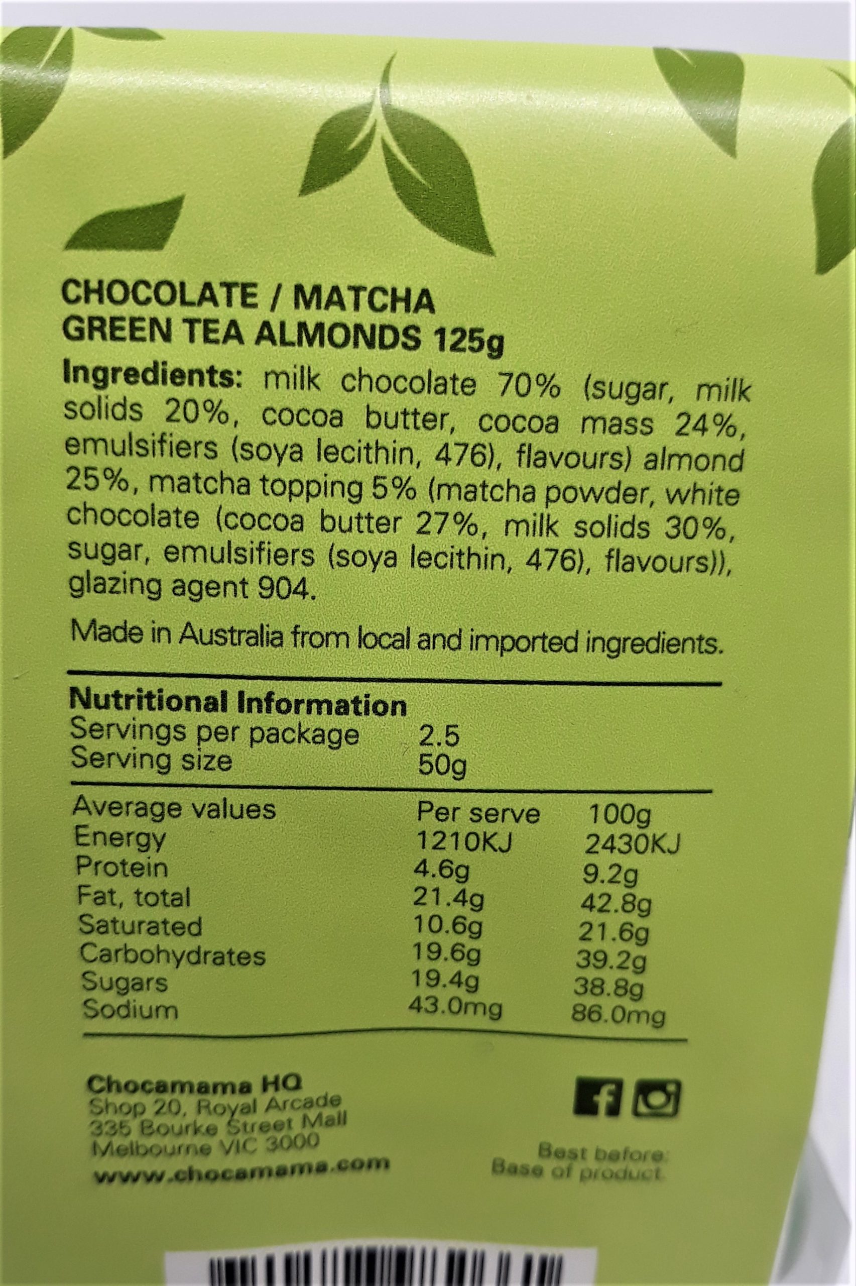 Chocamama Chocolate Matcha Almonds 125g