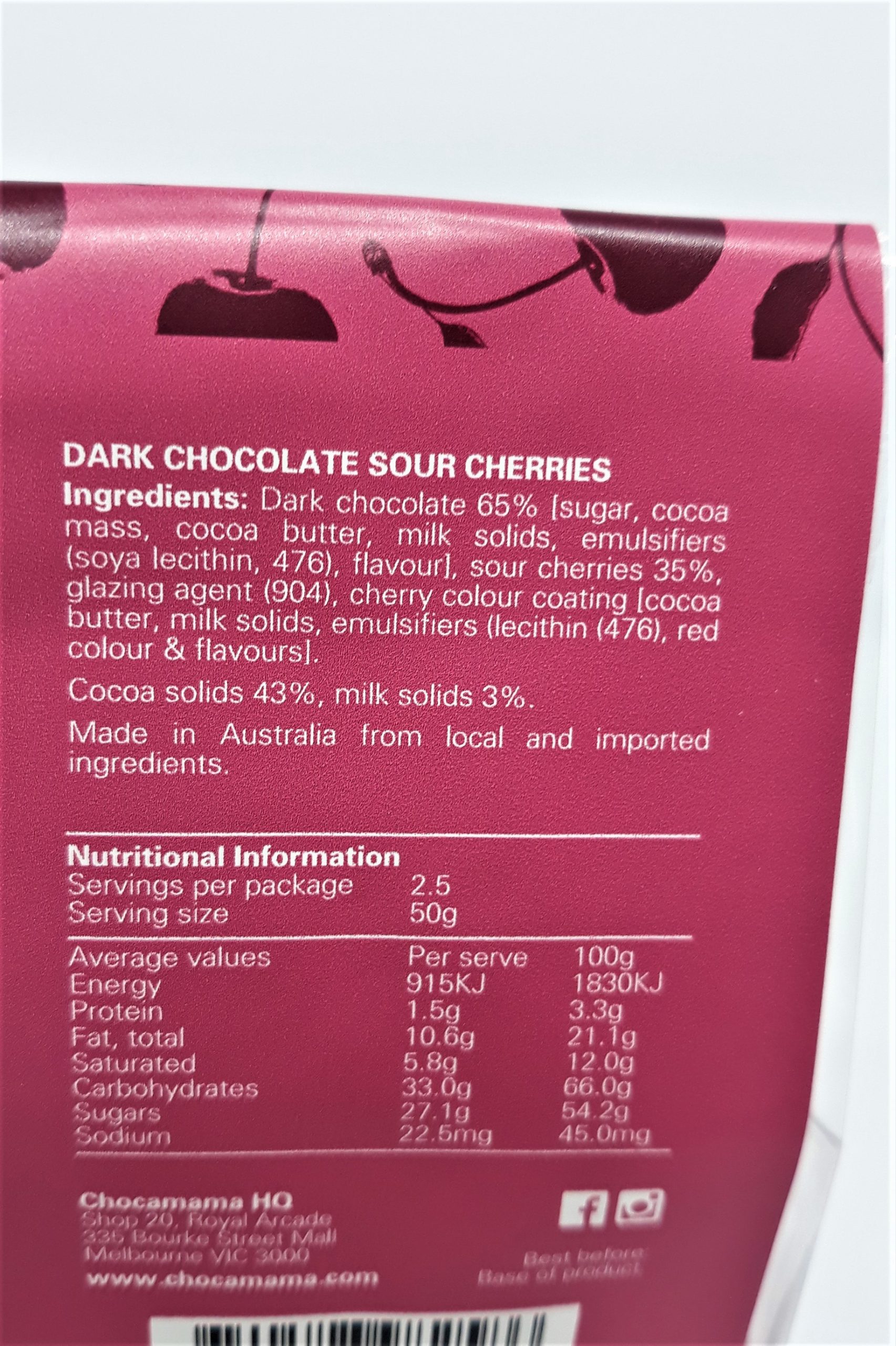 Chocamama Dark Chocolate Sour Cherries 1